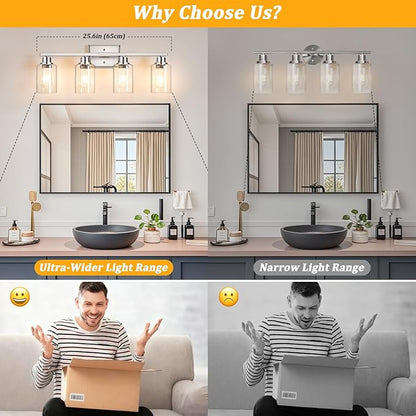 Unicozin 4-Light Bathroom Light Fixtures, Modern Vanity Lights with Clear Glass Shades, Brushed Nickel Bathroom Wall Lamp for Mirror Living Room Cabinet Bedroom