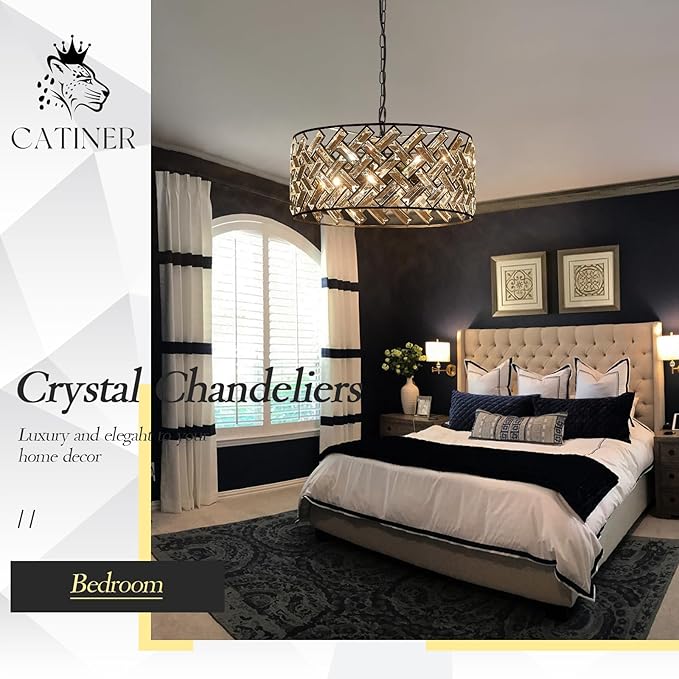 Crystal Ceiling Light Black Modern Chandelier 18" Pendant Light 6-Light Convertible Semi Flush Mount Lighting Drum Semi Flush Mount Hanging Drum Shade for Kitchen Island Dining Room Bedroom Hallway