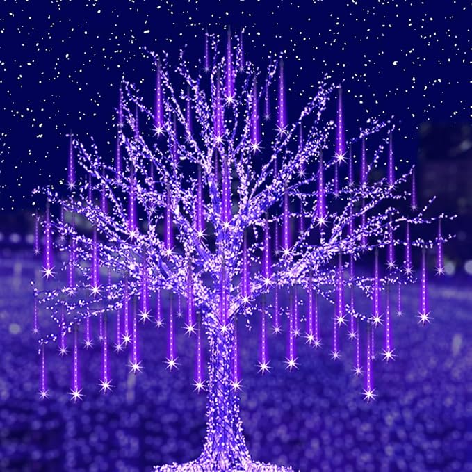 Adecorty Halloween Lights Outdoor, Purple Halloween Decorations Meteor Shower Light Christmas Lights Outdoor 8 Tubes 192 LED Falling Rain Dripping Icicle Light for Xmas Christmas Decor Party,UL Plug