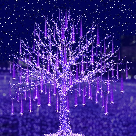 Adecorty Halloween Lights Outdoor, Purple Halloween Decorations Meteor Shower Light Christmas Lights Outdoor 8 Tubes 192 LED Falling Rain Dripping Icicle Light for Xmas Christmas Decor Party,UL Plug