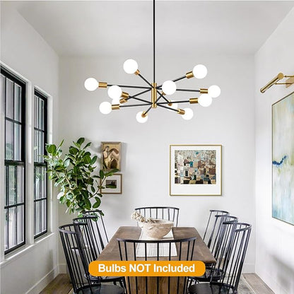 33" Modern Chandelier Ceiling Light Fixture, 12-Light Sputnik Chandeliers Brushed Gold and Black Mid Century Chandelier Over Table, Height Adjustable Chandeliers for Dining Room Living Room Kitchen