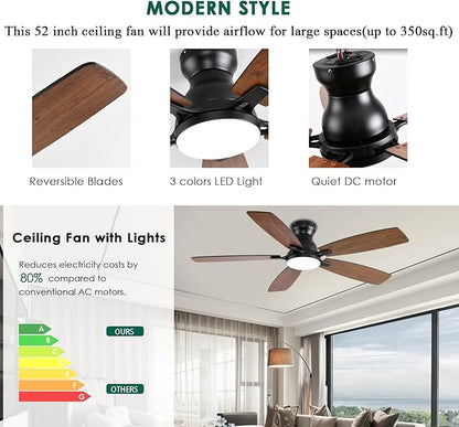 NKPU Ceiling Fans with Lights, Low Profile Ceiling Fan with Light and Remote/APP Control, DC Motor, Noiseless, Flush Mount, 52inch Brown Ceiling Fan for Bedroom Indoor/Outdoor Use