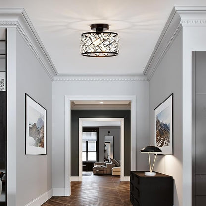 Rpzloila Crystal Ceiling Light Fixture, Modern Semi Flush Mount Ceiling Light,Crystal Chandelier for Kitchen Bedroom Bathroom Entryway, Black Finish
