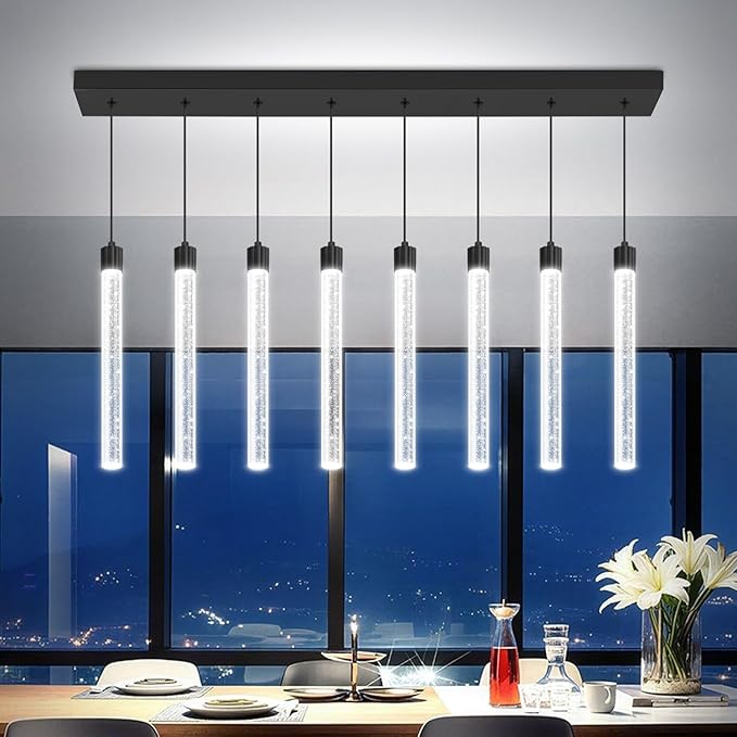 Modern Rectangular Crystal Chandelier LED Dimmable Crystal Column Chandelier Living Room Crystals Pendant Light for Dining Room Adjustable Height 8-Light Black