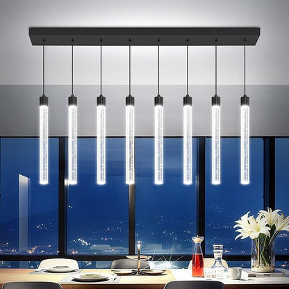Modern Rectangular Crystal Chandelier LED Dimmable Crystal Column Chandelier Living Room Crystals Pendant Light for Dining Room Adjustable Height 8-Light Black