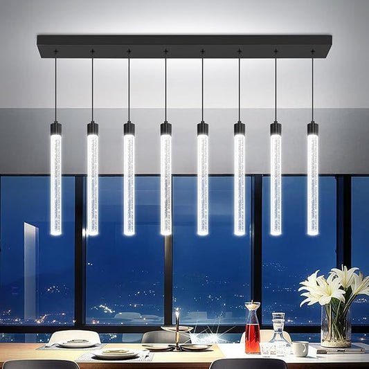 Modern Rectangular Crystal Chandelier LED Dimmable Crystal Column Chandelier Living Room Crystals Pendant Light for Dining Room Adjustable Height 8-Light Black