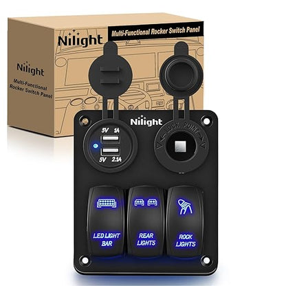 Nilight ３ Gang Rocker Switch Panel with USB Charger and Cigarette Lighter 12V 24V Toggle LED Light Bar Rear Lights Rock Switches for Cars Rvs Trucks