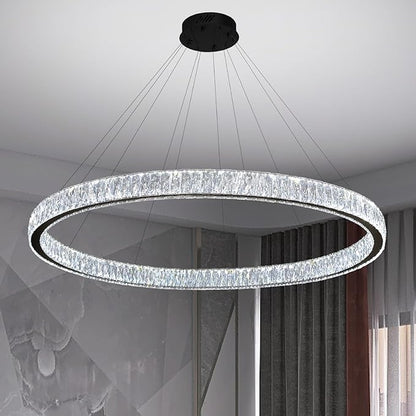 39.4in Large Ring Chandelier for Living Room Modern LED Black Crystal Chandelier for Dining Room Dimmable 2700K-6000K