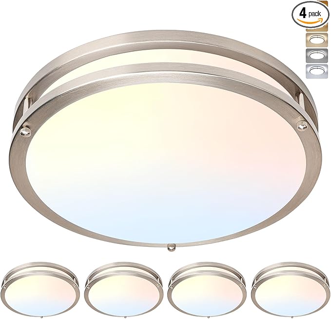 10 Inch Flush Mount Ceiling Light - 4 Pack 24W 3000K/3500K/4000K/5000K/6000K Dimmable Led Light Fixture for Kitchen Hallway Bedroom Bathroom(4, Brushed Nickel, 10 Inch)