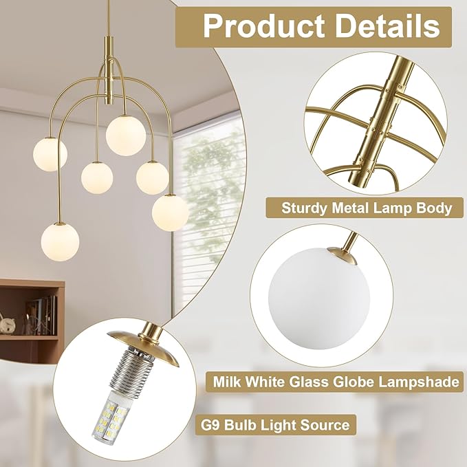 Mid Century Modern Chandelier, 6-Light Gold Globe Chandelier Milk Glass Chandelier Light Fixture, Adjustable Sputnik Hanging Pendant Light for Dining Room Entryway Kitchen Island, Bulbs Included