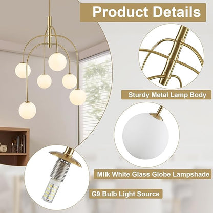 Mid Century Modern Chandelier, 6-Light Gold Globe Chandelier Milk Glass Chandelier Light Fixture, Adjustable Sputnik Hanging Pendant Light for Dining Room Entryway Kitchen Island, Bulbs Included