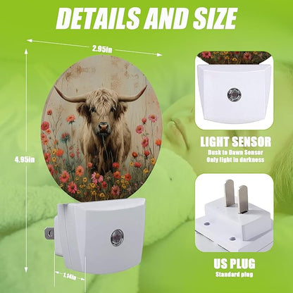 Highland Cow Night Light,Flowers Night Lights Plug into Wall for Kitchens Toilets Bedroom Decorative Half Round Nightlight Led Lamp 0.5W Sleep Friendly