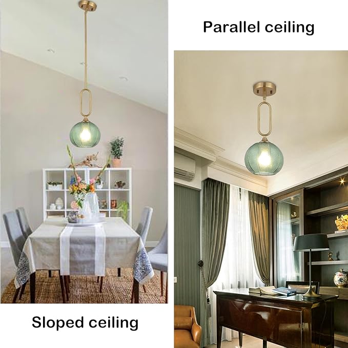 Green Glass Pendant Light Modern Globe Pendant Lighting Nordic Ribbed Gold Ceiling Hanging Chandelier with Brushed Brass Adjustable Rods Dining Room Kitchen Island Light Fixture