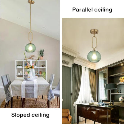 Green Glass Pendant Light Modern Globe Pendant Lighting Nordic Ribbed Gold Ceiling Hanging Chandelier with Brushed Brass Adjustable Rods Dining Room Kitchen Island Light Fixture