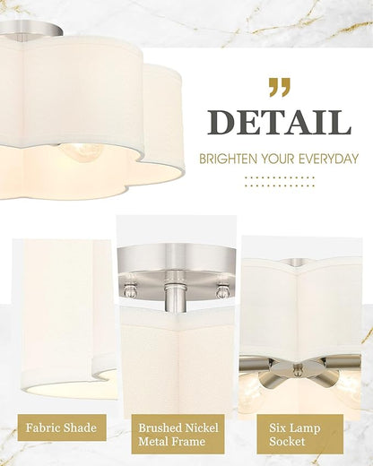 Semi Flush Mount Ceiling Lights, 6-Light 18" Ceiling Light Fixtures with Fabric Shade in Flower Shape, Brushed Nickel Farmhouse Drum Lighting for Nursery Bedroom Kitchen, AD-22007-6SF-SN