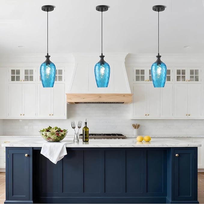 Glass Pendant Lights Kitchen Island, 1-Light Blue Pendant Light Fixtures with Hammered Glass, Modern Farmhouse Hanging Light for Kitchen Sink Dining Room Bedroom, E26