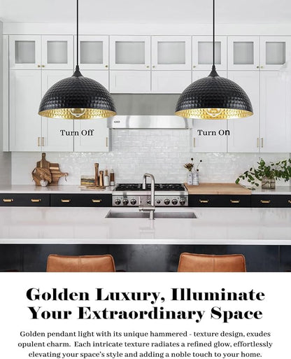 Hammered Pendant Lights Kitchen Island 2 Pack, 12 Inch Black Dome Pendant Light, Industrial Hammered Pendant Light, Island Pendant Lights for Kitchen, Dining Room, Cafe