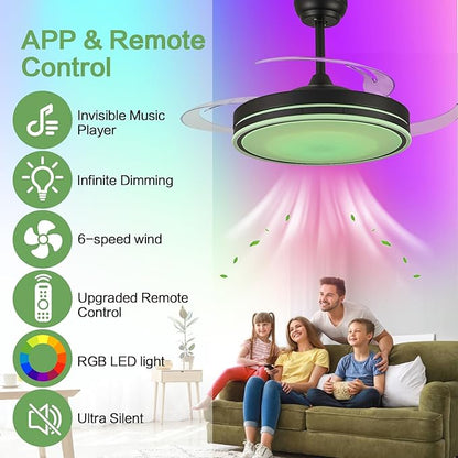 48" Retractable RGB Ceiling Fan with Light, Build-in Speaker Modern Fandelier 6 Speeds Retractable Blades Dimmable Chandelier Ceiling Fan with Remote App Control Memory Timer Black