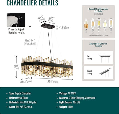 Modern Black Crystal Chandelier, 16-Light Rectangular 2-Tiers K9 Crystal Raindrop Chandelier, Luxury Flush Mount Hanging Ceiling Light for Dining Room Living Room Kitchen Island L35.4''