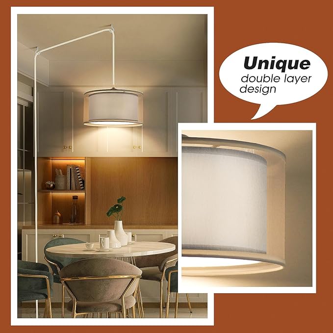 Plug in Pendant Light, 15FT White Cord Hanging Lights with Plug in Cord, Hanging Light with On/Off Switch, Double Linen Shade Fabric Design, Pendant Llight Fixture for Bedroom Restaurant Grey