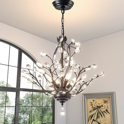Maxax 18" Black Crystal Chandelier, 4-Light Vintage Branch Pendant Light Fixture, Modern K9 Raindrop Ceiling Light with Adjustable Chain for Dining Room Bedroom Foyer, E12 Base