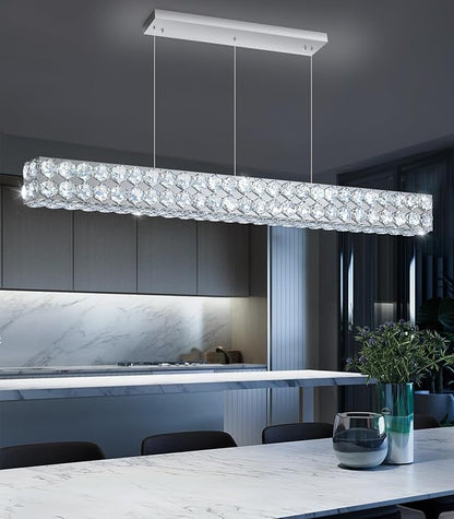47'' Modern Crystal Chandelier for Dining Room Ceiling Light Fixture for Living Room Hallway Lighting LED Dimmable with Remote Silver