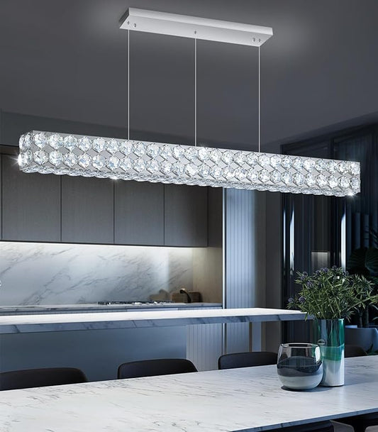47'' Modern Crystal Chandelier for Dining Room Ceiling Light Fixture for Living Room Hallway Lighting LED Dimmable with Remote Silver