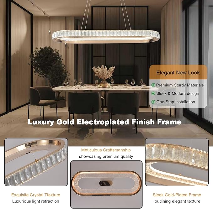 Gold Modern Chandelier Linear Led Chandeliers for Dining Room Oval Ring Chandelier Light Fixture Dimmable Led Pendant Light for Kitchen Island Lighting with Remote Controller