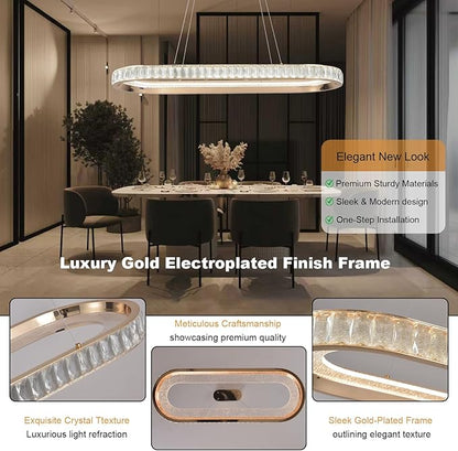 Gold Modern Chandelier Linear Led Chandeliers for Dining Room Oval Ring Chandelier Light Fixture Dimmable Led Pendant Light for Kitchen Island Lighting with Remote Controller