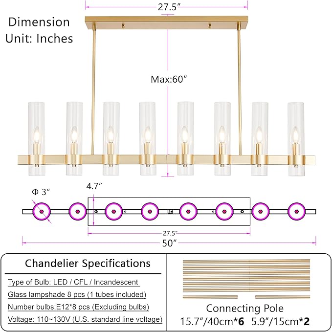 8-Light Linear Chandelier - Gold Kitchen Island Lighting - with Glass Shape Adjustable 50'' Modern Farmhouse Rectangle Pendant Light Fixtures, Dining Room, Bedroom