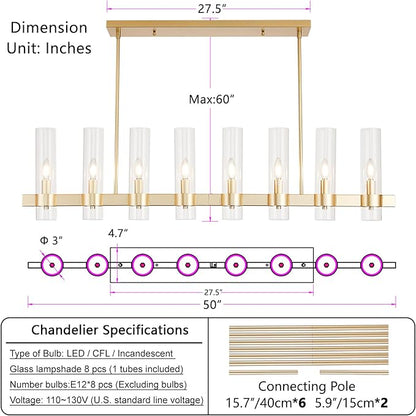 8-Light Linear Chandelier - Gold Kitchen Island Lighting - with Glass Shape Adjustable 50'' Modern Farmhouse Rectangle Pendant Light Fixtures, Dining Room, Bedroom