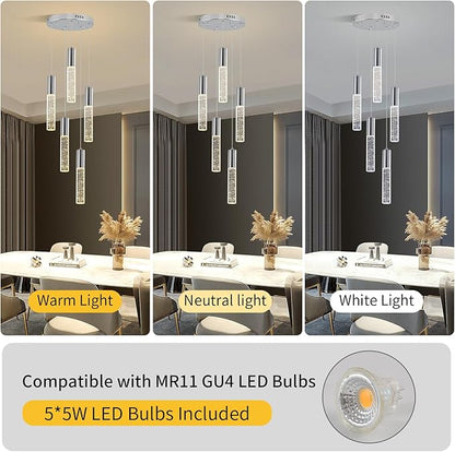 Modern Crystal Chandelier for Kitchen Island 5-Lights, Elegant Chrome LED Bubble Pendant Lighting Fixture for Dining Room Bedroom Entryway