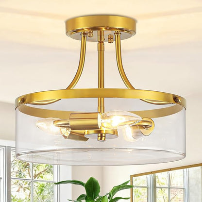 11.81" Brushed Gold Semi Flush Mount Ceiling Light Modern Glass Entryway Light Fixture Hallway Light Fixtures 3-Light Drum Ceiling Lamp for Bedroom Kitchen Island Dining Room Laundry Room Lighting