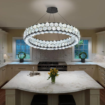 Modern Ring Chandelier, Crystal Chandeliers for Dining Room Round LED Ceiling Light Fixture for Living Room Bedroom Lighting Dimmable with Remote Black