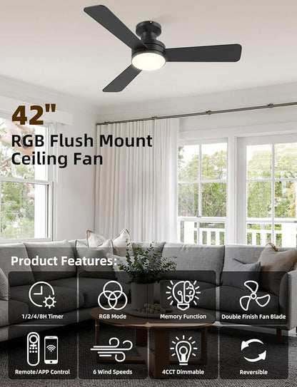 42 inch RGB Ceiling Fan with Light, Smart App & Remote Control Low Profile Flush Mount, Music Sync Lighting, 6-Speed Quiet Reversible DC Motor, 4CCT Dimmable for Home Office Party,Black