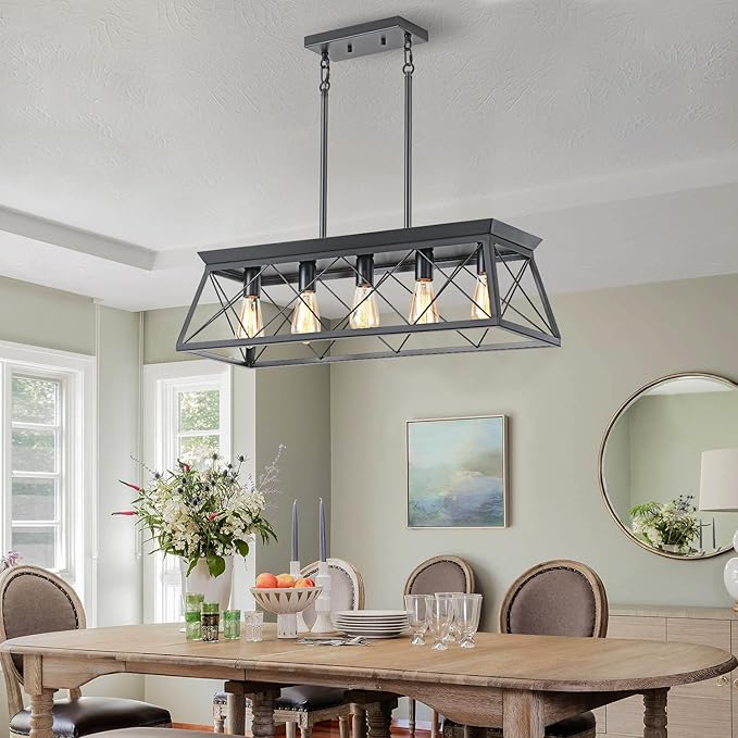 5-Light Farmhouse Pendant Light for Dining Room, Rustic Kitchen Island Lighting, Adjustable Height Chandeliers for Kitchen, Dining Room Table Black