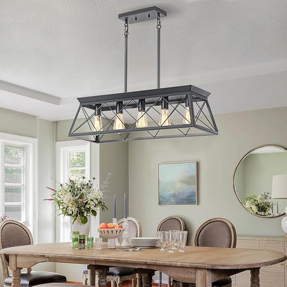5-Light Farmhouse Pendant Light for Dining Room, Rustic Kitchen Island Lighting, Adjustable Height Chandeliers for Kitchen, Dining Room Table Black