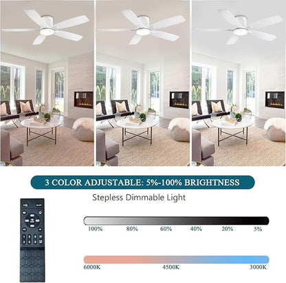 Ayaoty Ceiling Fans with Lights, 52 inch Low Profile Ceiling Fan with Light and Remote Control, Flush Mount, Reversible Motor, Dimmable, Noiseless, White Ceiling Fan for Bedroom, Indoor/Outdoor Use