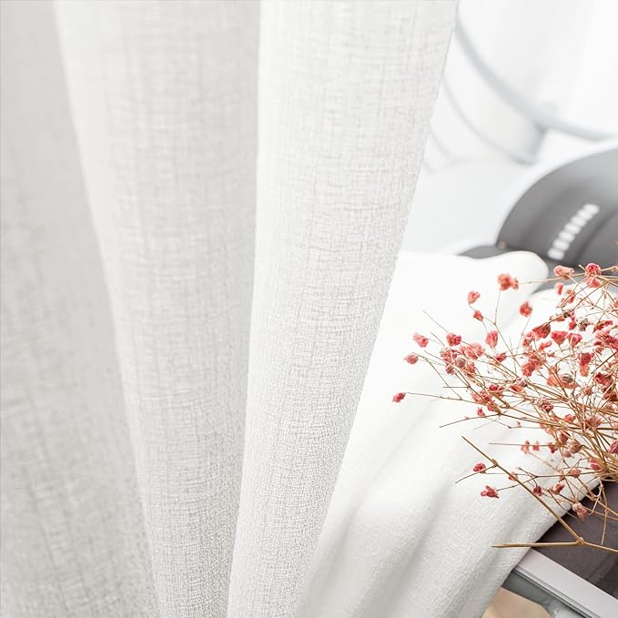 Melodieux Ivory Semi Sheer Curtains 63 Inch Length for Bedroom Living Room, Farmhouse Linen Texture Light Filtering Home Office Shiny Sheer Drapes Rod Pocket, 52" W x 63" L, 2 Panels