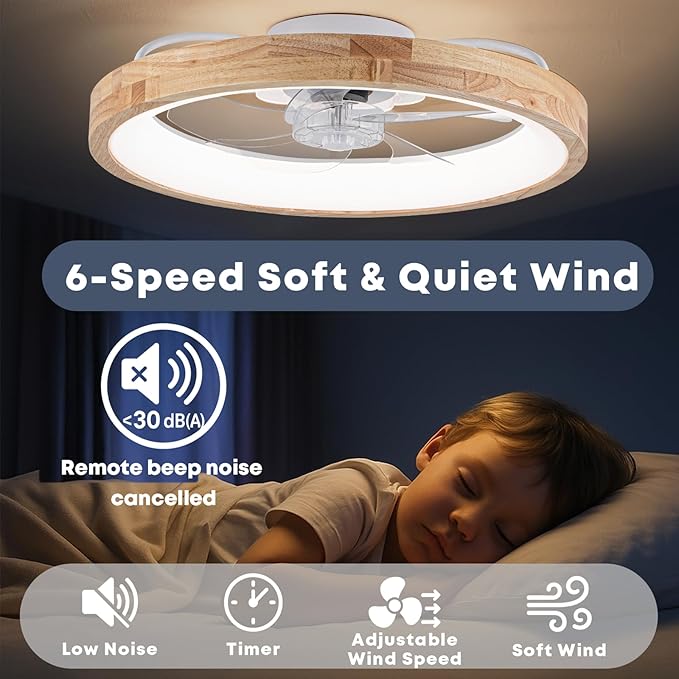 Fszdorj 20'' Ceiling Fan with Light, Upgraded Low Profile Fan, Flush Mount Ceiling Fan, 6 Speeds, Dimmable LED, App & Remote Control, Quiet DC Motor, for Bedroom, Living Room, F126 (23.6 INCH)