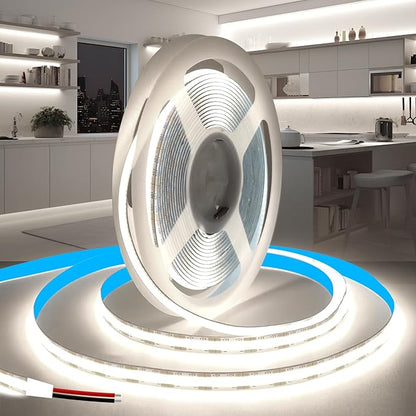 COB LED Strip Lights 16.4ft/5m, 12V LED Light Strip, Daylight White 6000K Under Cabinet Lighting, Super Bright Flexible Tape Lights for Bedroom,Mirror,Kitchen,Living Room(Power Supply Not Included)