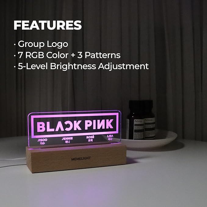 Black.Pink Night Light, Kpop Merchandise, Korean Idol Lamp for Blink, 7RGB Color, Dimmer, 8.3 x 4.2 x 1.7