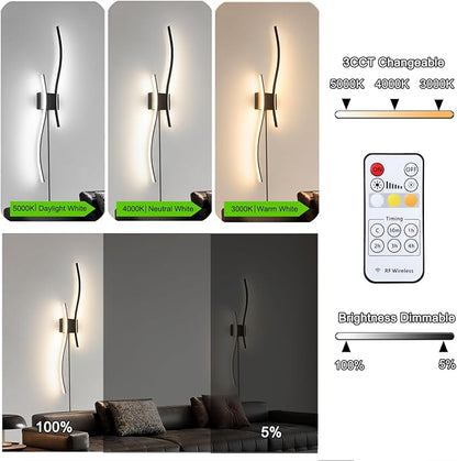 Daunton Modern Black Plug in Wall Sconces Set of 2 - Smart Dimmable LED Wall Lights with Remote, 3CCT Adjustable & Memory Function, Timer Setting - No Wiring Needed for Living Room, Bedroom, Hallway
