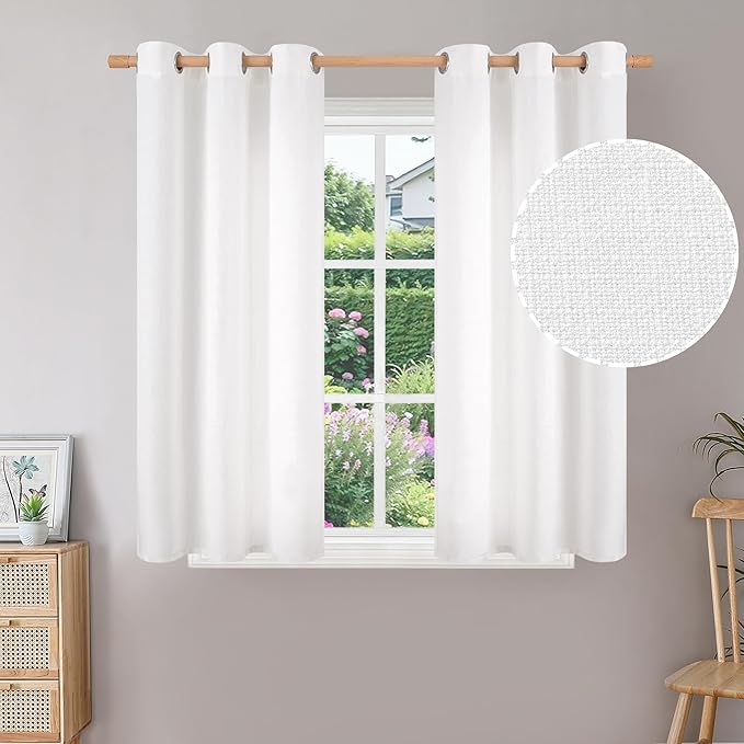 BGment Pure White Curtains 45 Inch Length 2 Panels Set for Bedroom, Grommet Thick Linen Look Burlap Textured Light Filtering Privacy Window Drapes for Farmhouse Living Room, 42 x 45 Inch