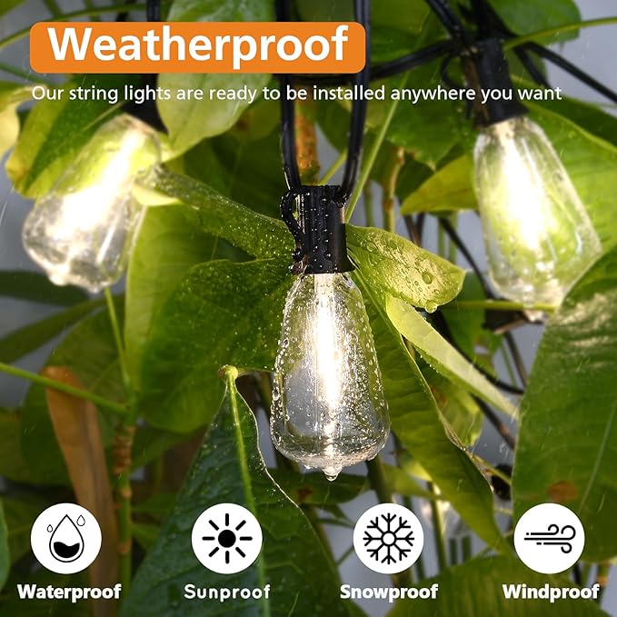 Brightever Dimmable Outdoor String Lights with Remote, 3 Colors in 1 LED Patio Light for Outside with 25+1 ST38 Edison Bulbs, 50FT 3 Modes Gazebo Lighting Waterproof for Camping, 2700K/4000K/5000K