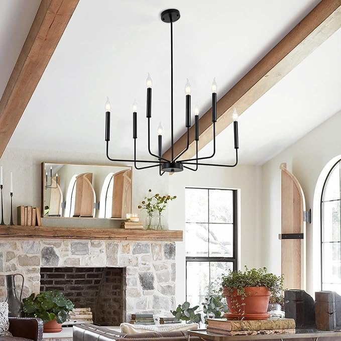 WOKNOS Modern Black Farmhouse Chandeliers, 8-Light Industrial Metal Chandelier Lighting, Classic Candle Hanging Pendant Light Fixtures for Kitchen Bedroom, Dining Room, Living Room,Foyer