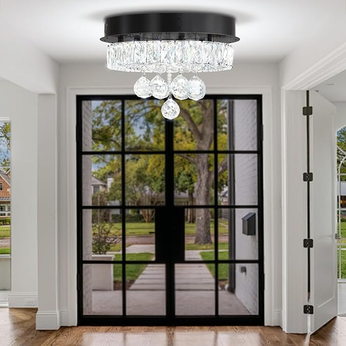 Dia 12" Mini Chandelier Flush Mount Chandelier for Hallway, Crystal Ceiling Chandeliers for Dining Room, Bedroom, Living Room, Entryway, Kitchen (Black Ceiling Light Fixture)