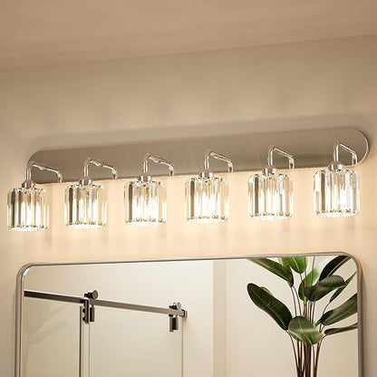 Keonjinn 6-Light Bathroom Light Fixtures, Crystal Chrome Bathroom Vanity Lights Over Mirror, Vanity Lighting Fixtures with Crystal Square Shades (E26 Socket, Exclude Bulb)