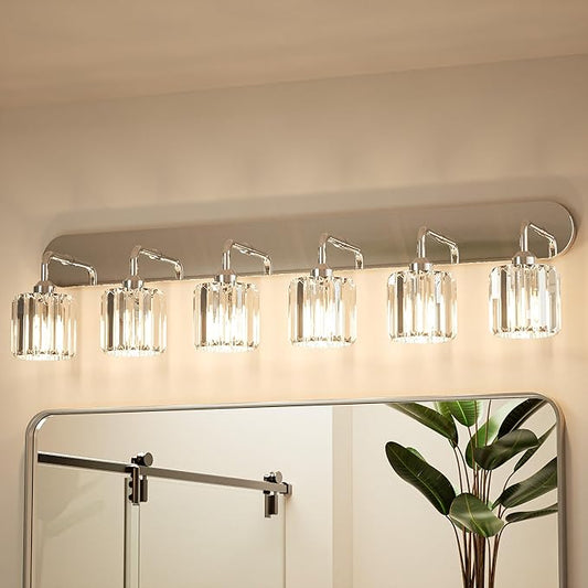 Keonjinn 6-Light Bathroom Light Fixtures, Crystal Chrome Bathroom Vanity Lights Over Mirror, Vanity Lighting Fixtures with Crystal Square Shades (E26 Socket, Exclude Bulb)