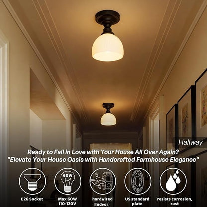 Modern Schoolhouse Semi Flush Mount Ceiling Light,Black Close to Ceiling Light Fixtures with Hand-Blown Glass Hallway Light Fixtures for Laundry Entryway Kitchen Bathroom Bedroom E26 Base
